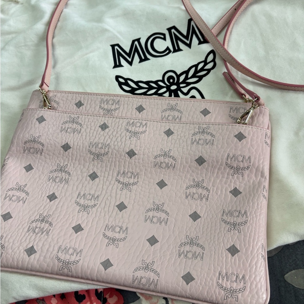 MCM Medium Visetos Original Leather Crossbody Pouch in Powder Pink